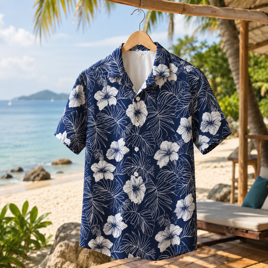 HW-M036-Navy Blue And White Line Art Botanical Floral Button Down Summer Vacation Hawaiian Shirt