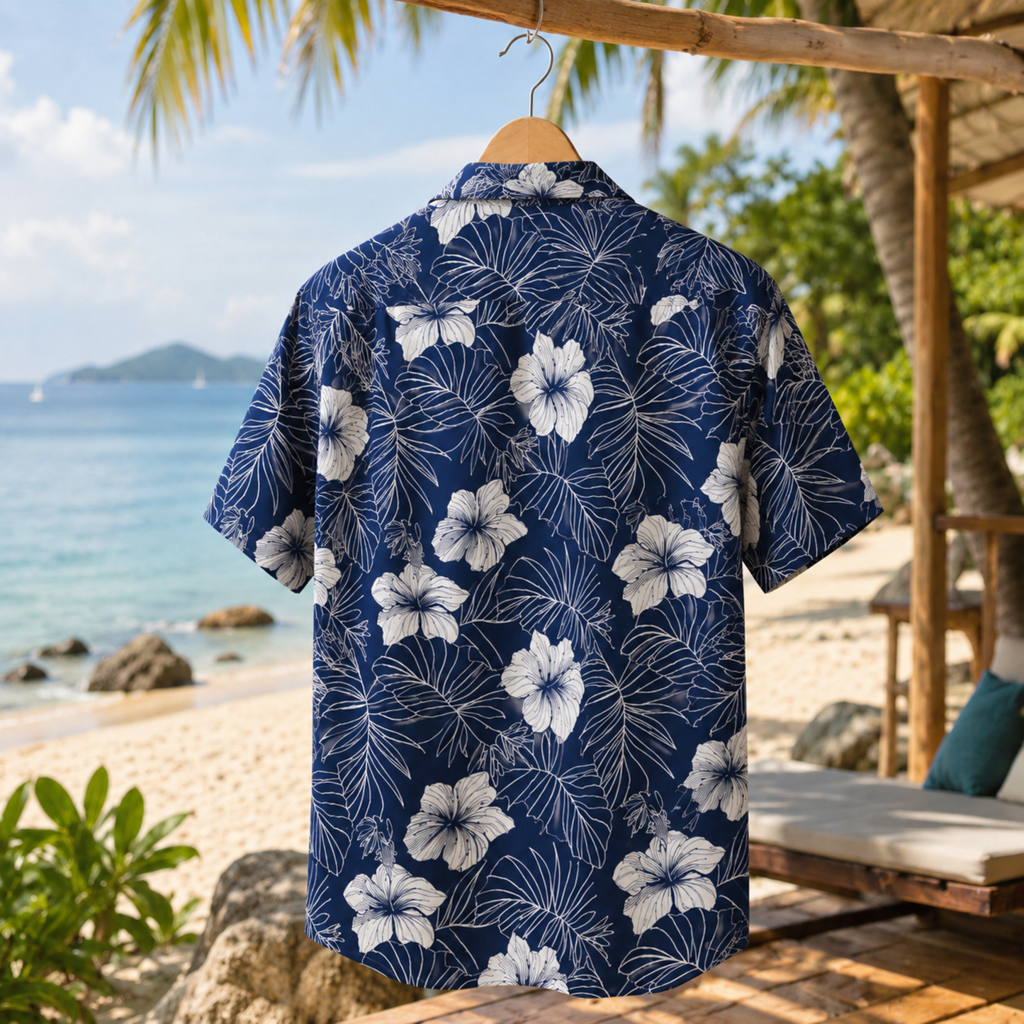 HW-M036-Navy Blue And White Line Art Botanical Floral Button Down Summer Vacation Hawaiian Shirt