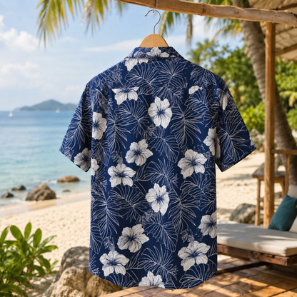 HW-M036-Navy Blue And White Line Art Botanical Floral Button Down Summer Vacation Hawaiian Shirt