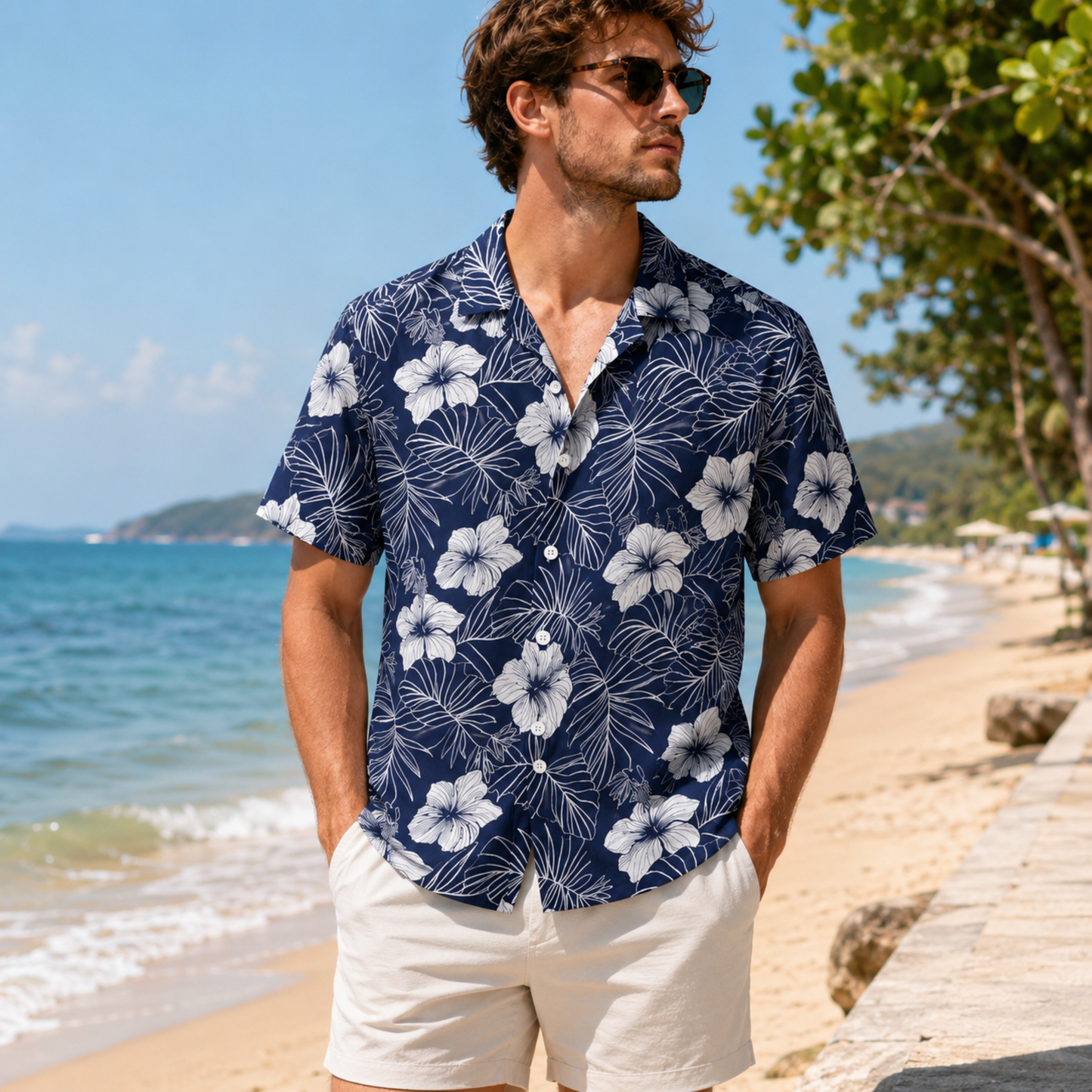 HW-M036-Navy Blue And White Line Art Botanical Floral Button Down Summer Vacation Hawaiian Shirt