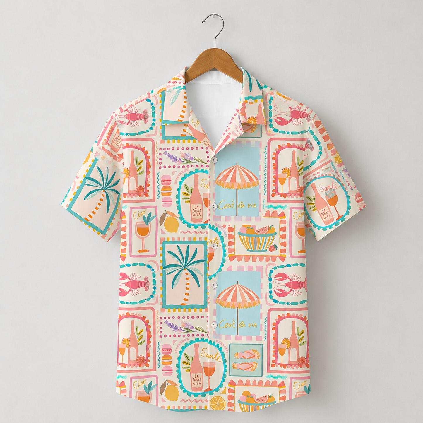 HW-M046-Colorful Mediterranean Summer Vacation Cocktail Palm Tree Print Button Down Hawaiian Shirt