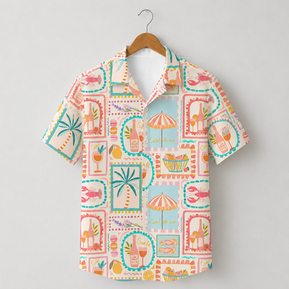 HW-M046-Colorful Mediterranean Summer Vacation Cocktail Palm Tree Print Button Down Hawaiian Shirt