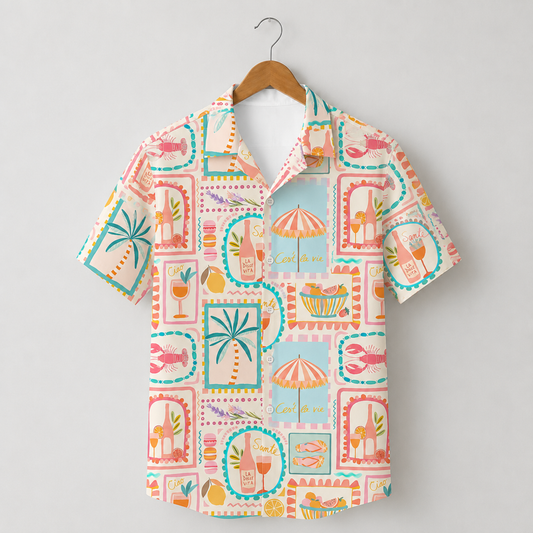 HW-M046-Colorful Mediterranean Summer Vacation Cocktail Palm Tree Print Button Down Hawaiian Shirt
