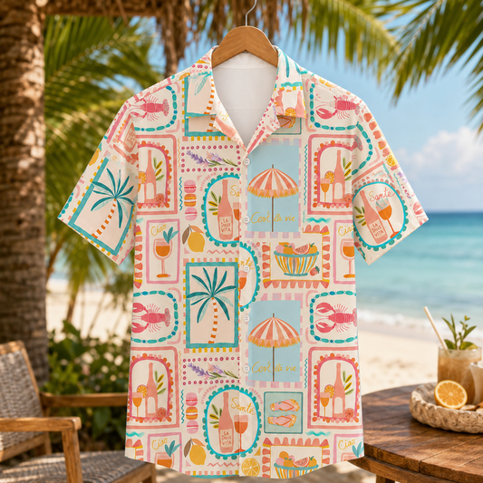 HW-M046-Colorful Mediterranean Summer Vacation Cocktail Palm Tree Print Button Down Hawaiian Shirt