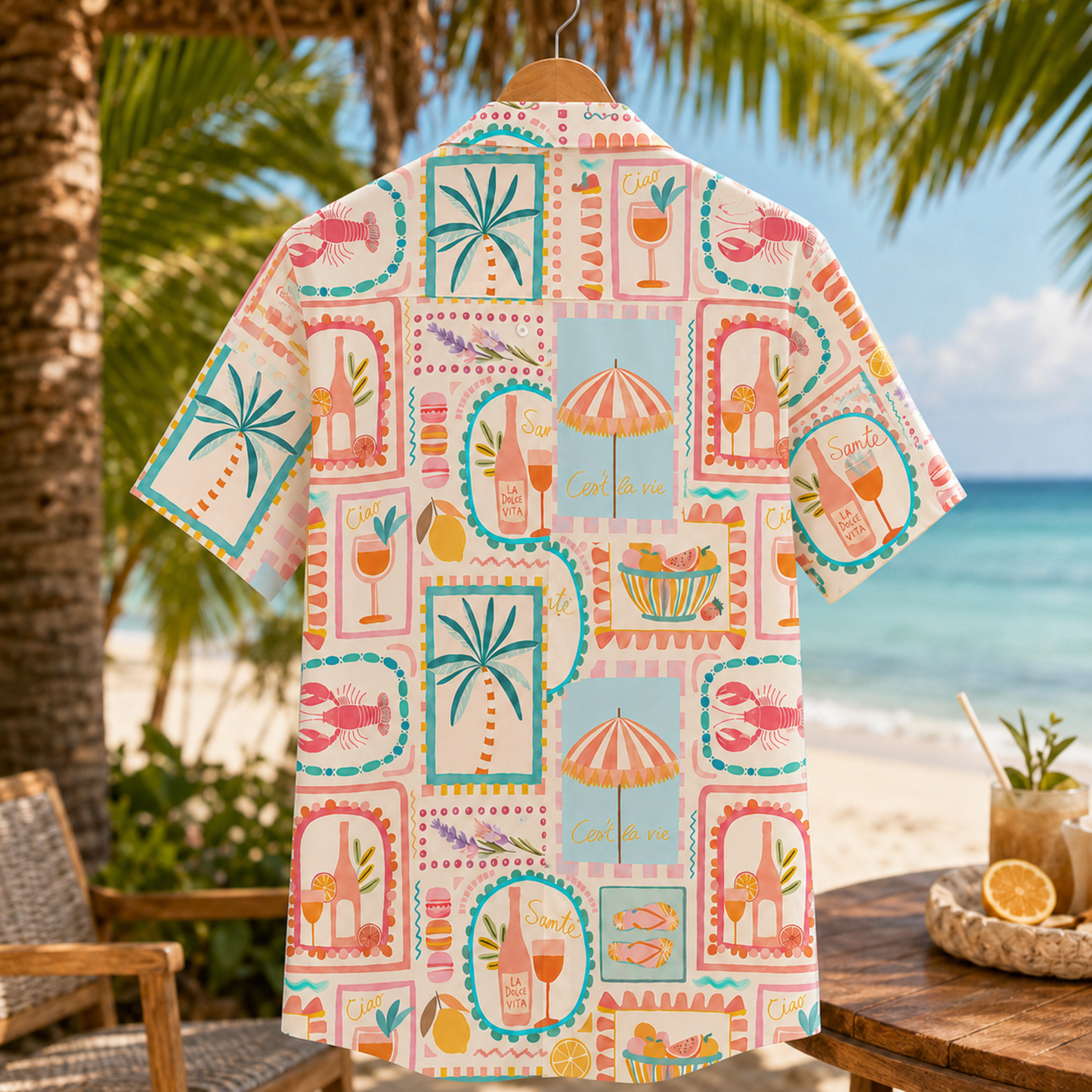 HW-M046-Colorful Mediterranean Summer Vacation Cocktail Palm Tree Print Button Down Hawaiian Shirt