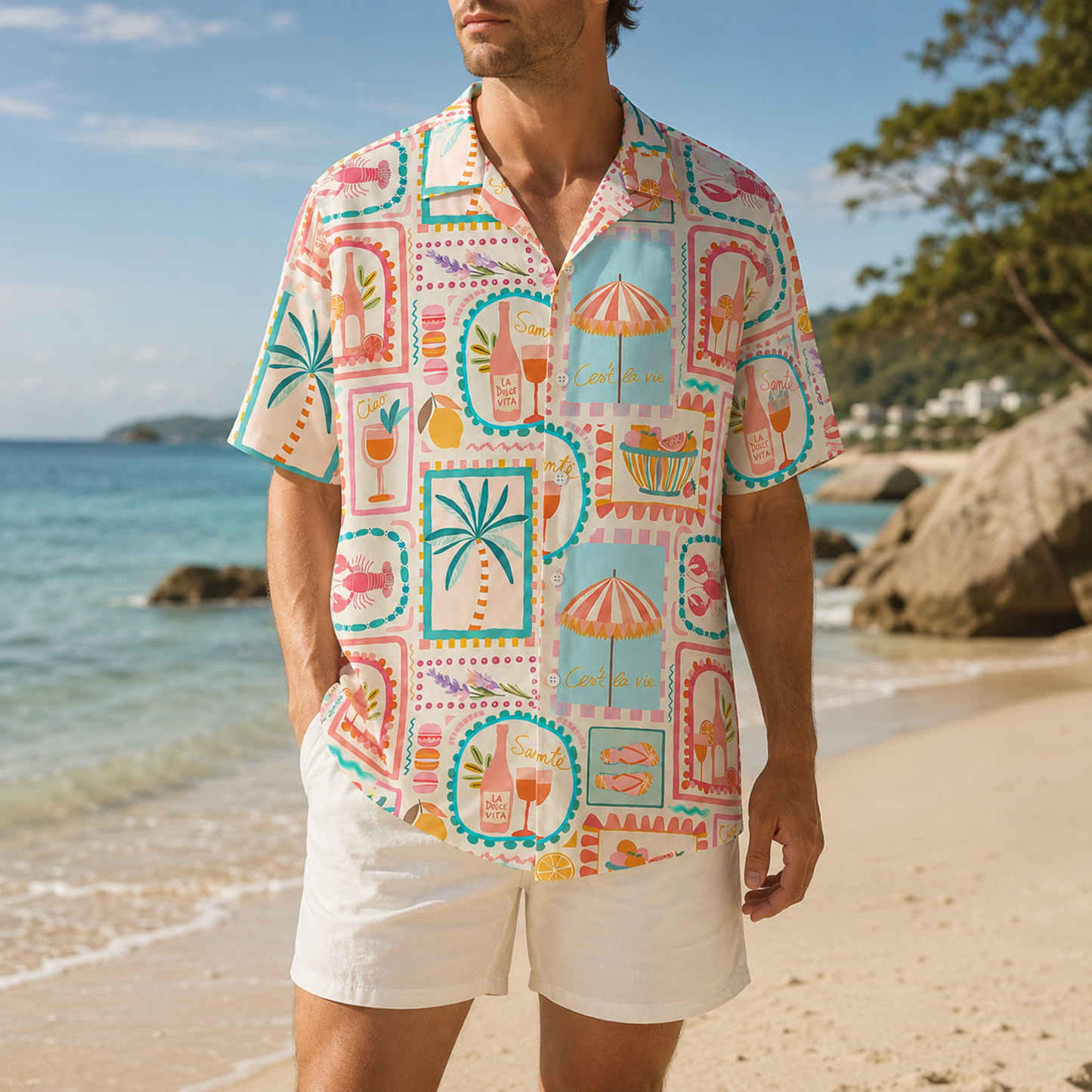 HW-M046-Colorful Mediterranean Summer Vacation Cocktail Palm Tree Print Button Down Hawaiian Shirt