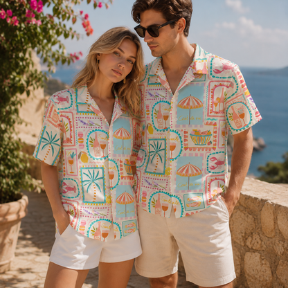 HW-M046-Colorful Mediterranean Summer Vacation Cocktail Palm Tree Print Button Down Hawaiian Shirt