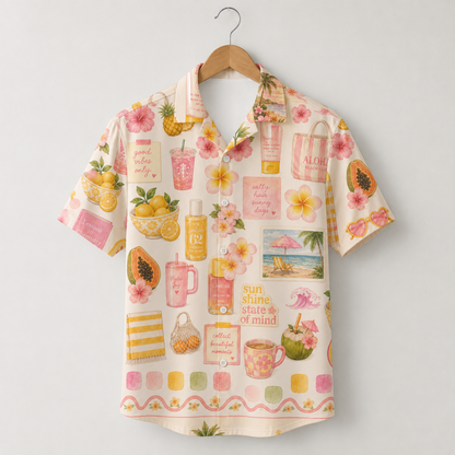 HW-M056-Trendy Preppy Beach Sunscreen Cocktail Fruit Print Button Down Hawaiian Shirt