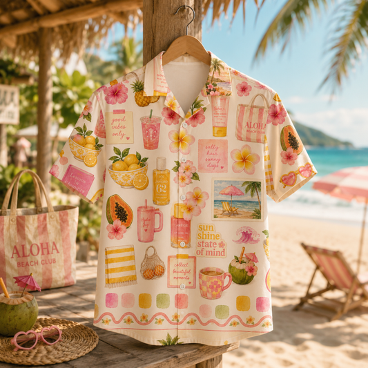 HW-M057-Coastal Beach Surfboard Wave Coconut Print White Button Down Hawaiian Shirt