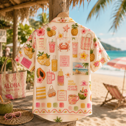 HW-M056-Trendy Preppy Beach Sunscreen Cocktail Fruit Print Button Down Hawaiian Shirt