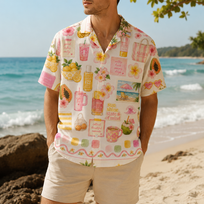 HW-M056-Trendy Preppy Beach Sunscreen Cocktail Fruit Print Button Down Hawaiian Shirt