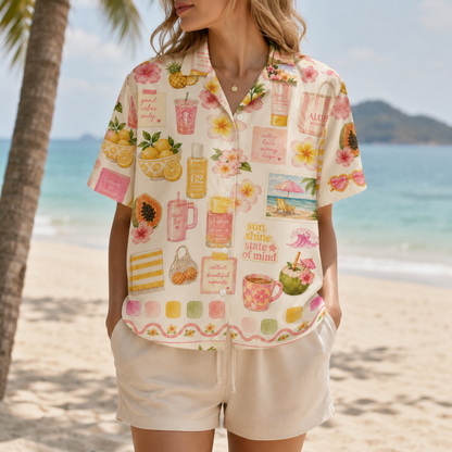 HW-M056-Trendy Preppy Beach Sunscreen Cocktail Fruit Print Button Down Hawaiian Shirt
