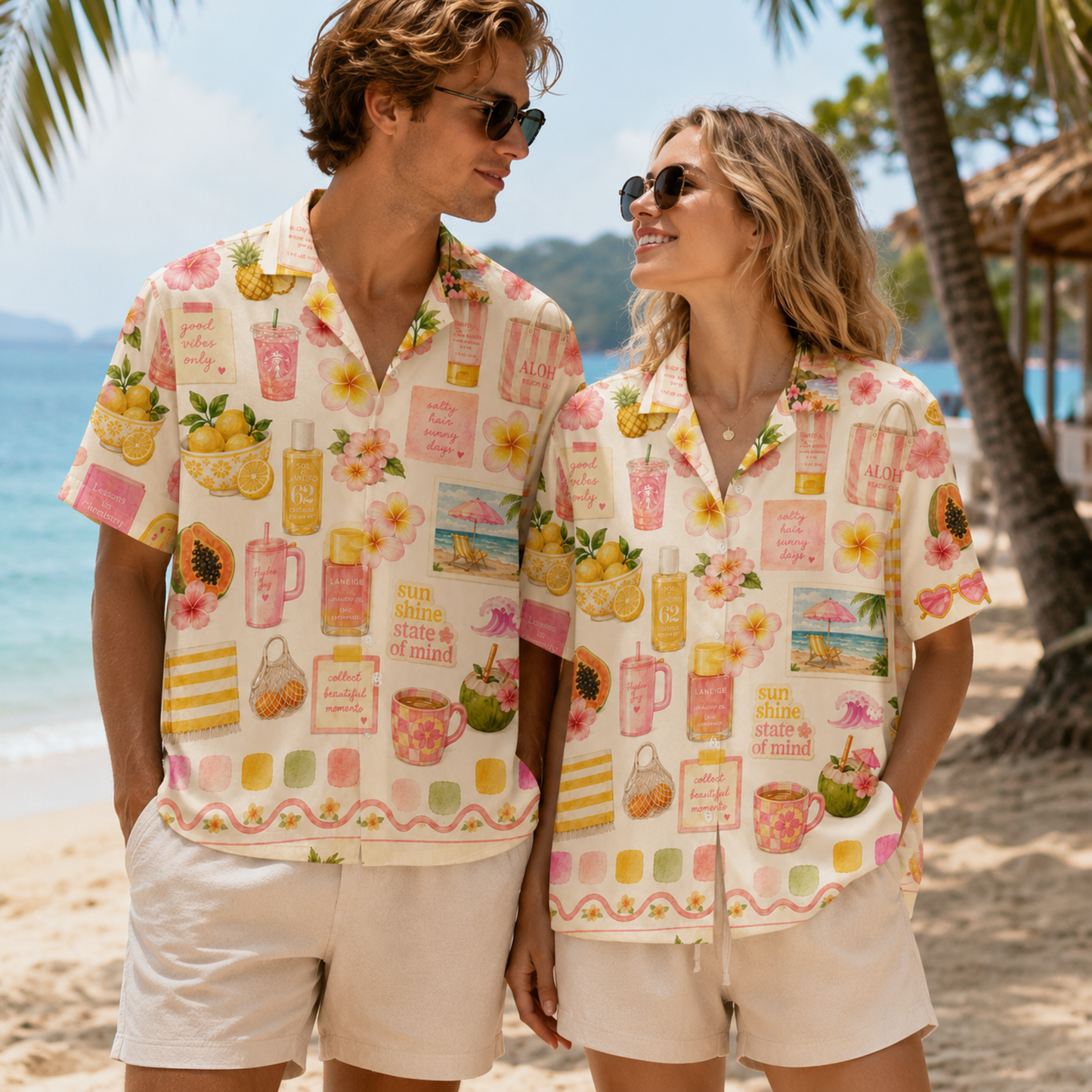 HW-M056-Trendy Preppy Beach Sunscreen Cocktail Fruit Print Button Down Hawaiian Shirt