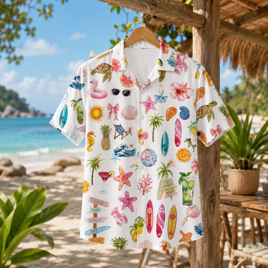 HW-M064-White Polyester Hawaiian Resort Shirt, Tropical Beach Pattern Short Sleeve Button Top Clothing