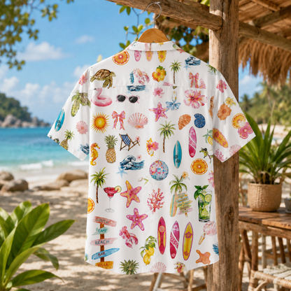 HW-M064-White Polyester Hawaiian Resort Shirt, Tropical Beach Pattern Short Sleeve Button Top Clothing