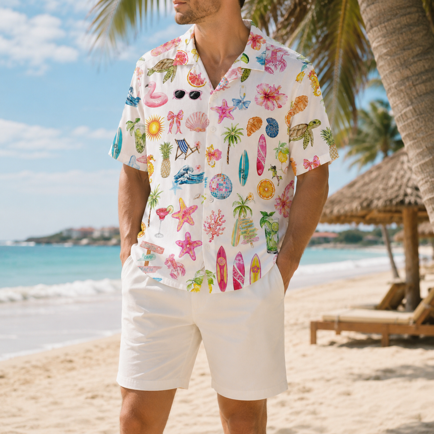 HW-M064-White Polyester Hawaiian Resort Shirt, Tropical Beach Pattern Short Sleeve Button Top Clothing