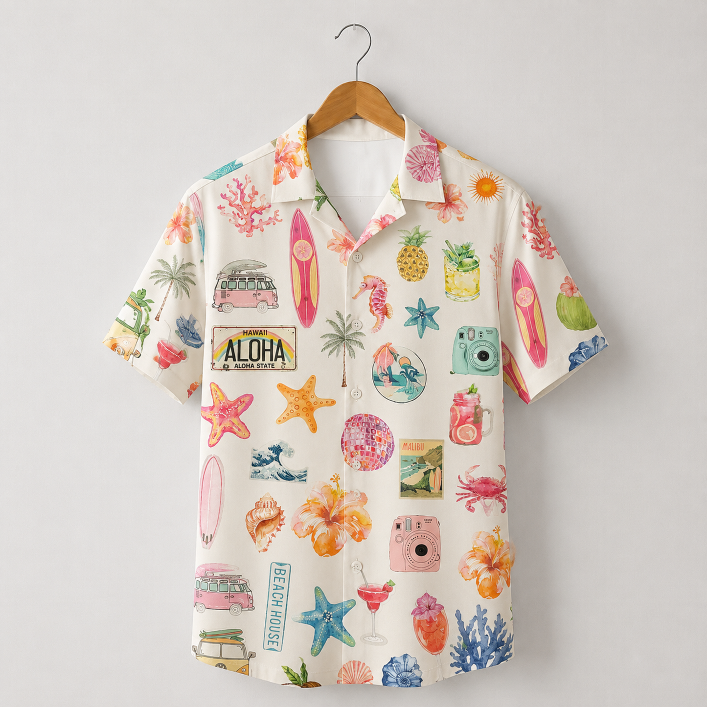 HW-M065-Alabaster Woven Summer Aloha Shirt, Colorful Surfboard Graphic Short Sleeve Leisure Wear Raiment