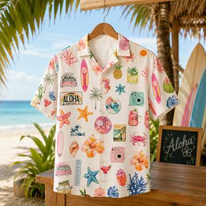 HW-M065-Alabaster Woven Summer Aloha Shirt, Colorful Surfboard Graphic Short Sleeve Leisure Wear Raiment