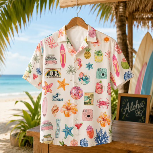 HW-M065-Alabaster Woven Summer Aloha Shirt, Colorful Surfboard Graphic Short Sleeve Leisure Wear Raiment