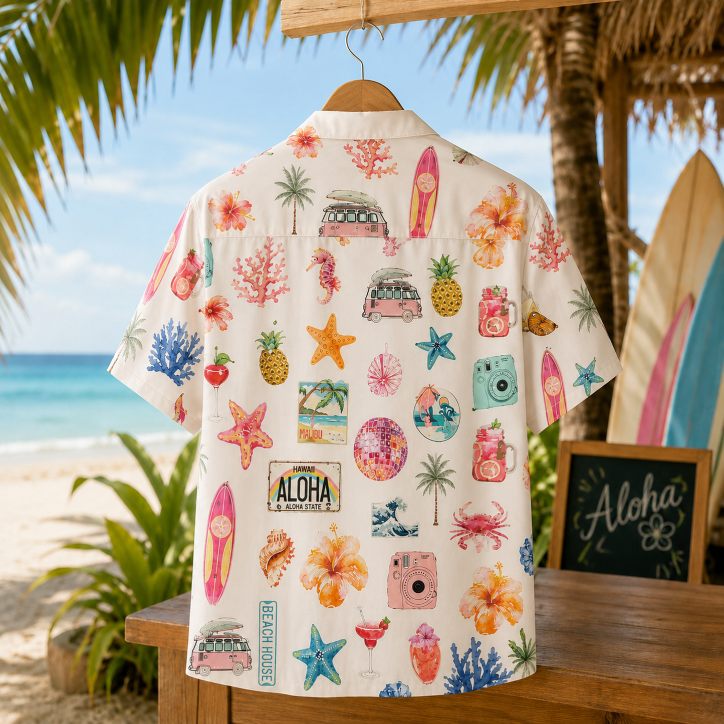 HW-M065-Alabaster Woven Summer Aloha Shirt, Colorful Surfboard Graphic Short Sleeve Leisure Wear Raiment