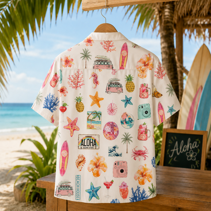 HW-M065-Alabaster Woven Summer Aloha Shirt, Colorful Surfboard Graphic Short Sleeve Leisure Wear Raiment