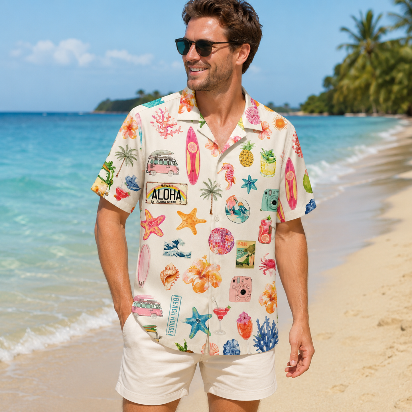 HW-M065-Alabaster Woven Summer Aloha Shirt, Colorful Surfboard Graphic Short Sleeve Leisure Wear Raiment