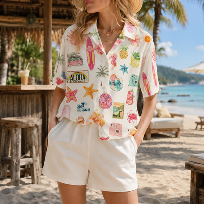 HW-M065-Alabaster Woven Summer Aloha Shirt, Colorful Surfboard Graphic Short Sleeve Leisure Wear Raiment