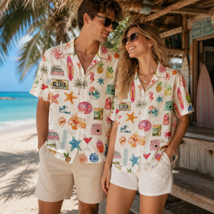 HW-M065-Alabaster Woven Summer Aloha Shirt, Colorful Surfboard Graphic Short Sleeve Leisure Wear Raiment