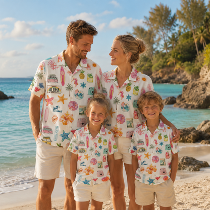 HW-M065-Alabaster Woven Summer Aloha Shirt, Colorful Surfboard Graphic Short Sleeve Leisure Wear Raiment