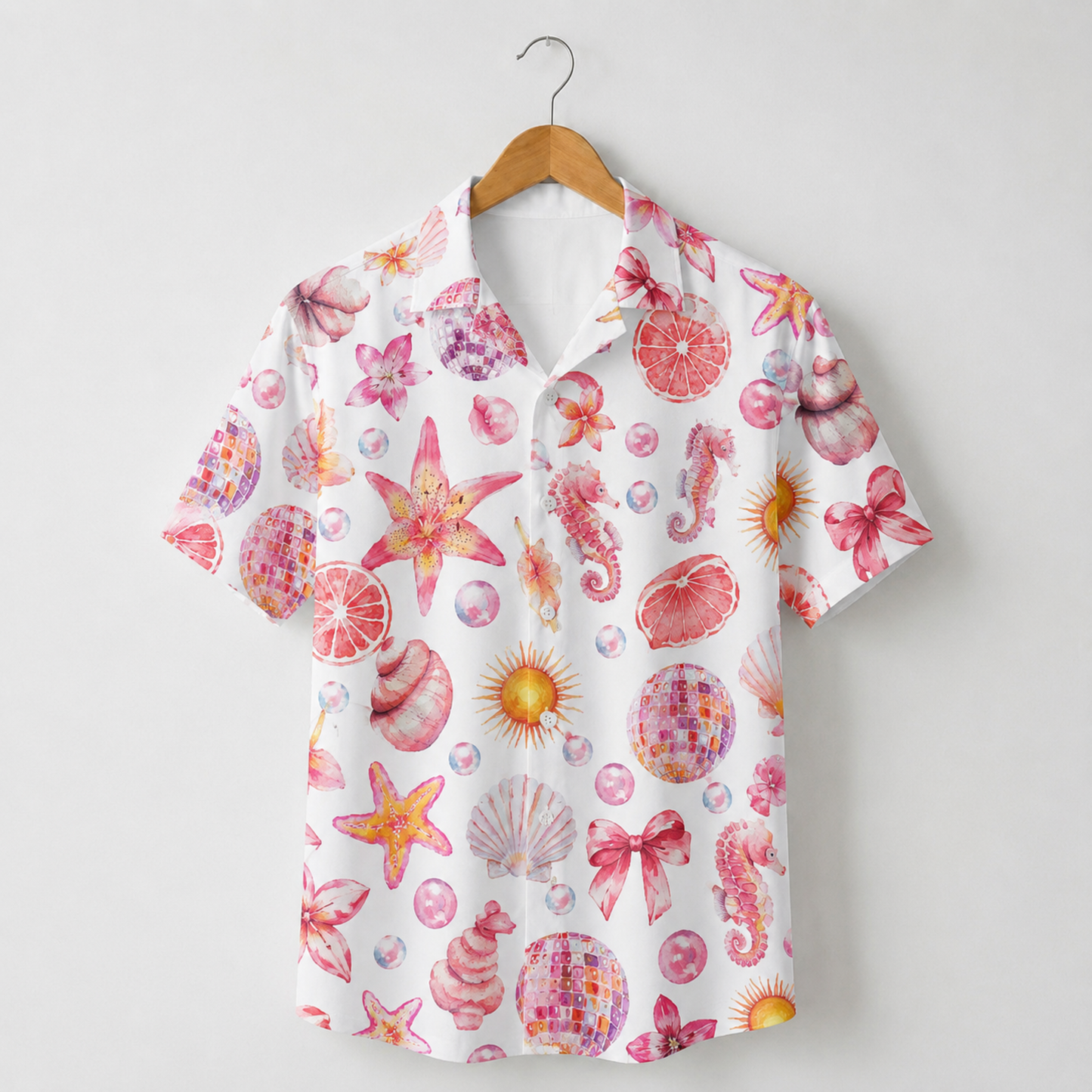 HW-M066-Creamy Lightweight Coastal Vacation Shirt, Sweet Seashell Printed Short Sleeve Casual Apparel Attire