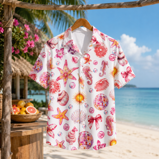 HW-M066-Creamy Lightweight Coastal Vacation Shirt, Sweet Seashell Printed Short Sleeve Casual Apparel Attire