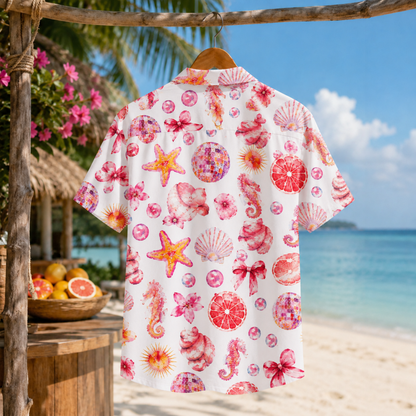 HW-M066-Creamy Lightweight Coastal Vacation Shirt, Sweet Seashell Printed Short Sleeve Casual Apparel Attire