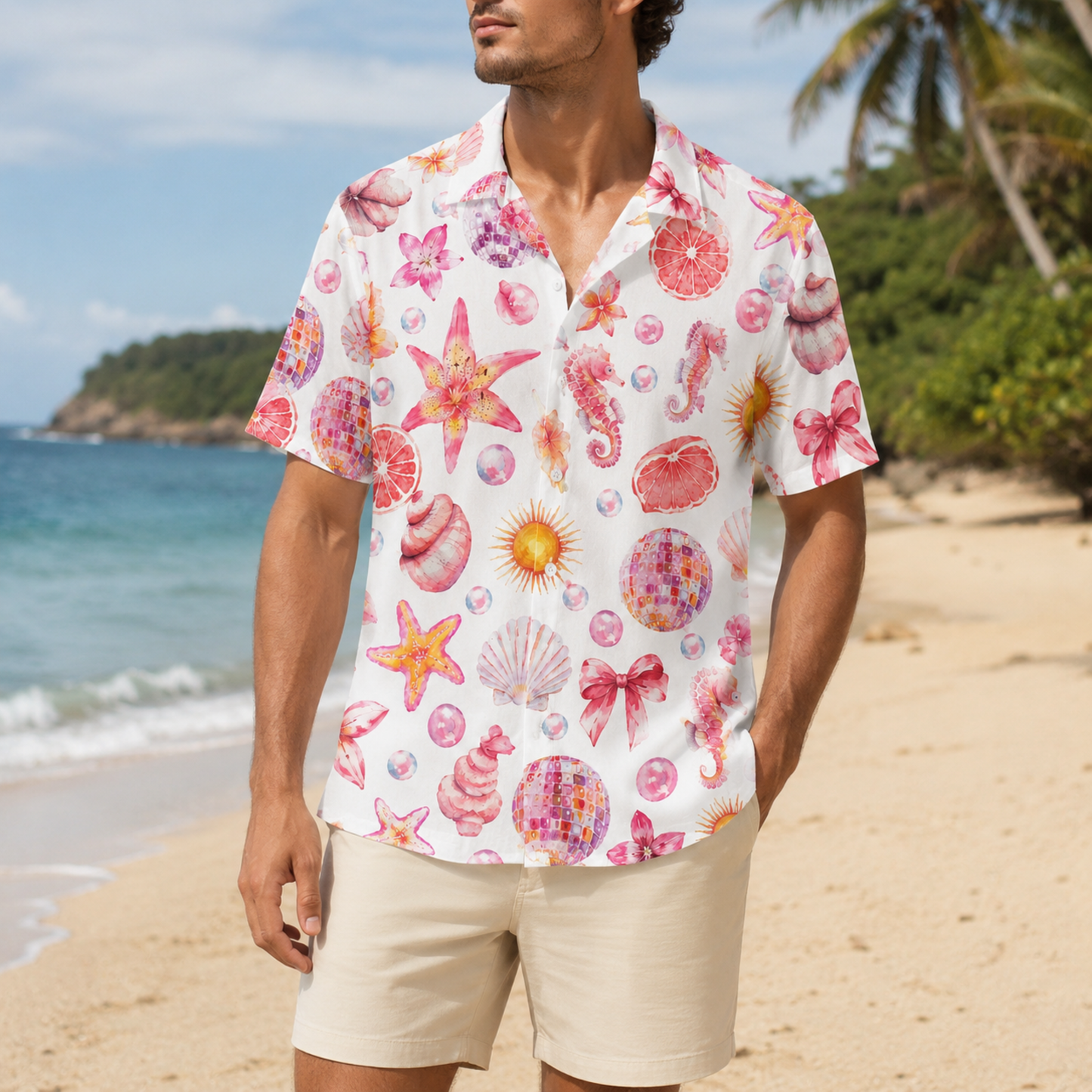 HW-M066-Creamy Lightweight Coastal Vacation Shirt, Sweet Seashell Printed Short Sleeve Casual Apparel Attire