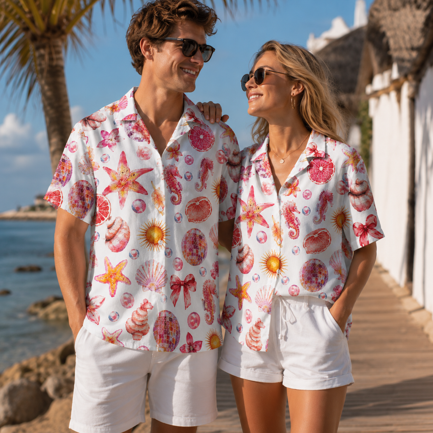 HW-M066-Creamy Lightweight Coastal Vacation Shirt, Sweet Seashell Printed Short Sleeve Casual Apparel Attire