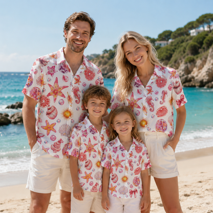 HW-M066-Creamy Lightweight Coastal Vacation Shirt, Sweet Seashell Printed Short Sleeve Casual Apparel Attire
