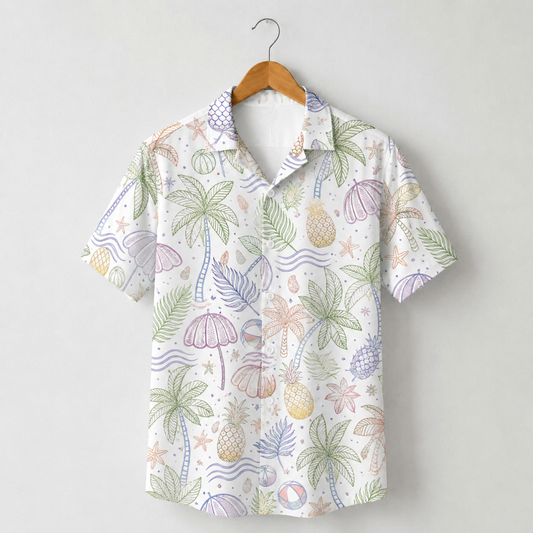 HW-M067-Alabaster Woven Summer Aloha Shirt, Colorful Palm Graphic Short Sleeve Leisure Wear Raiment