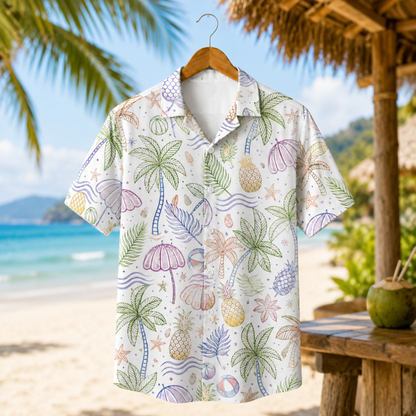 HW-M067-Alabaster Woven Summer Aloha Shirt, Colorful Palm Graphic Short Sleeve Leisure Wear Raiment