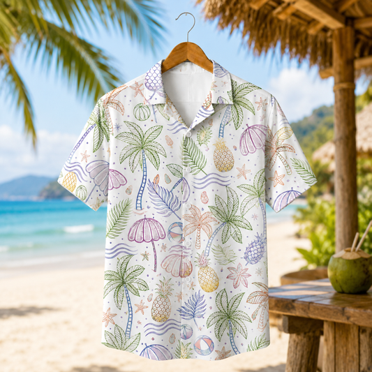 HW-M067-Alabaster Woven Summer Aloha Shirt, Colorful Palm Graphic Short Sleeve Leisure Wear Raiment