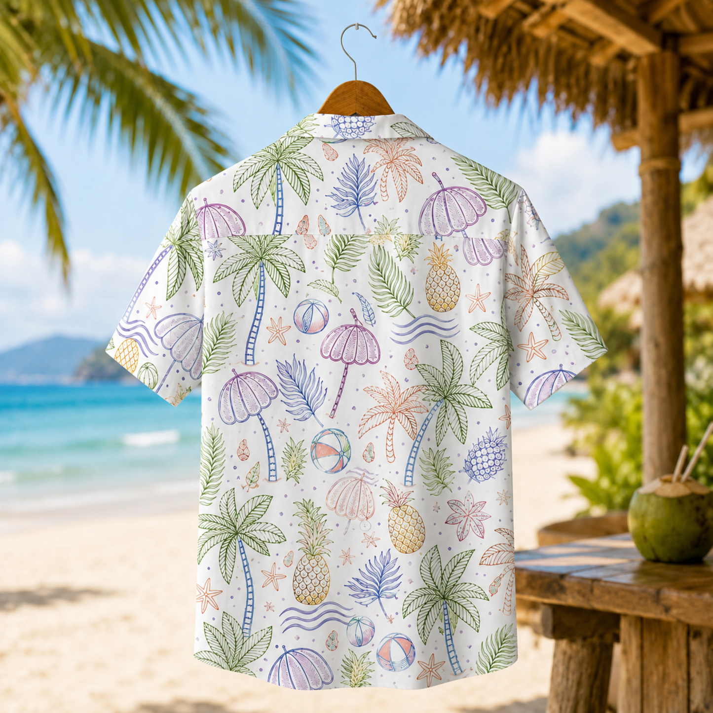 HW-M067-Alabaster Woven Summer Aloha Shirt, Colorful Palm Graphic Short Sleeve Leisure Wear Raiment