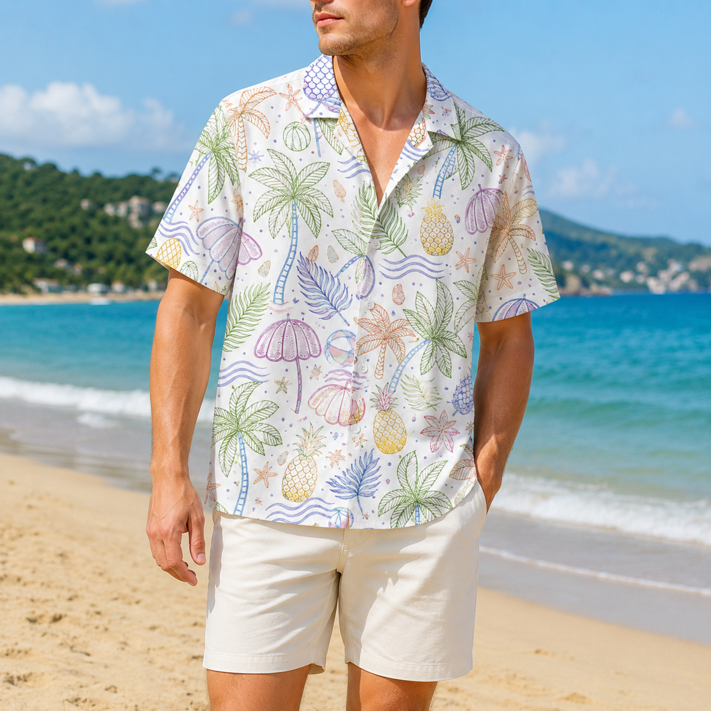 HW-M067-Alabaster Woven Summer Aloha Shirt, Colorful Palm Graphic Short Sleeve Leisure Wear Raiment