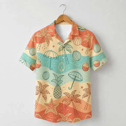 HW-M068-Multicolor Polyester Hawaiian Resort Shirt, Tropical Wave Pattern Short Sleeve Button Top Clothing