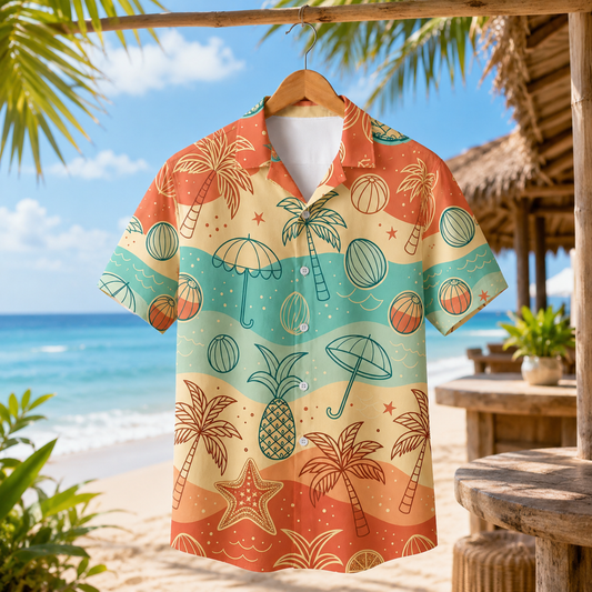 HW-M068-Multicolor Polyester Hawaiian Resort Shirt, Tropical Wave Pattern Short Sleeve Button Top Clothing