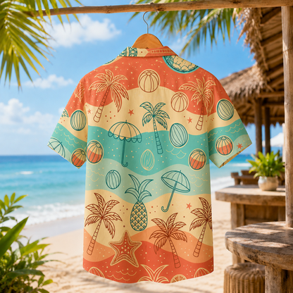 HW-M068-Multicolor Polyester Hawaiian Resort Shirt, Tropical Wave Pattern Short Sleeve Button Top Clothing