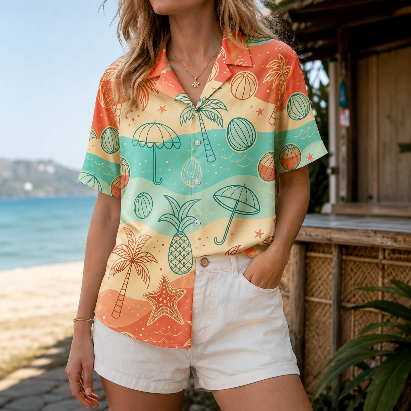 HW-M068-Multicolor Polyester Hawaiian Resort Shirt, Tropical Wave Pattern Short Sleeve Button Top Clothing