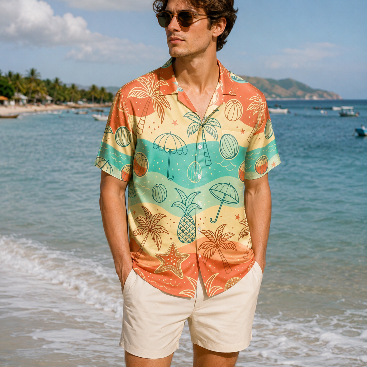 HW-M068-Multicolor Polyester Hawaiian Resort Shirt, Tropical Wave Pattern Short Sleeve Button Top Clothing