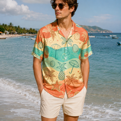 HW-M068-Multicolor Polyester Hawaiian Resort Shirt, Tropical Wave Pattern Short Sleeve Button Top Clothing