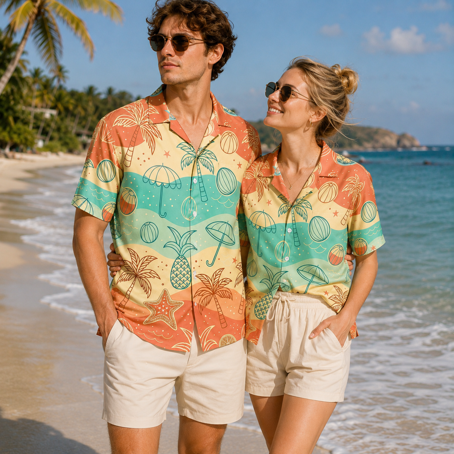 HW-M068-Multicolor Polyester Hawaiian Resort Shirt, Tropical Wave Pattern Short Sleeve Button Top Clothing