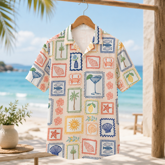 HW-M069-Artistic Hand Drawn Mediterranean Summer Tile Print Button Front Tropical Vacation Shirt Pajama Set