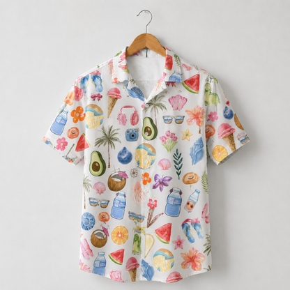 HW-M070-Colorful Summer Vacation Scrapbook Watercolor Fruit And Beach Element Graphic Button Down Pajama Set