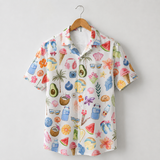 HW-M070-Colorful Summer Vacation Scrapbook Watercolor Fruit And Beach Element Graphic Button Down Pajama Set